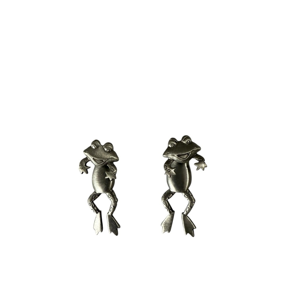 Vintage J.J. Jonette Jewelry Pewter 3D‎ Frog Toad Two Piece Pierced Earrings